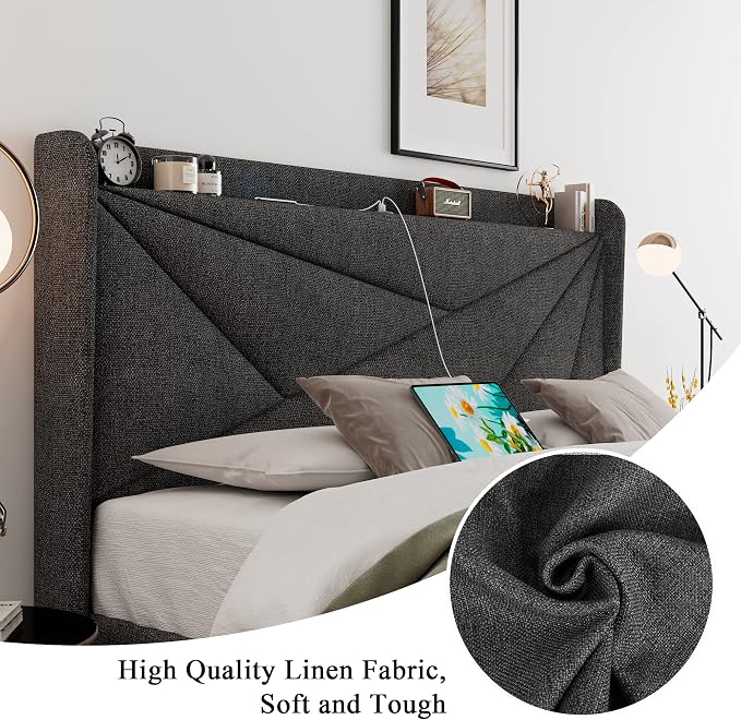 Feonase Full Bed Frame with Charging Station, Linen Upholstered Platform - Image 5