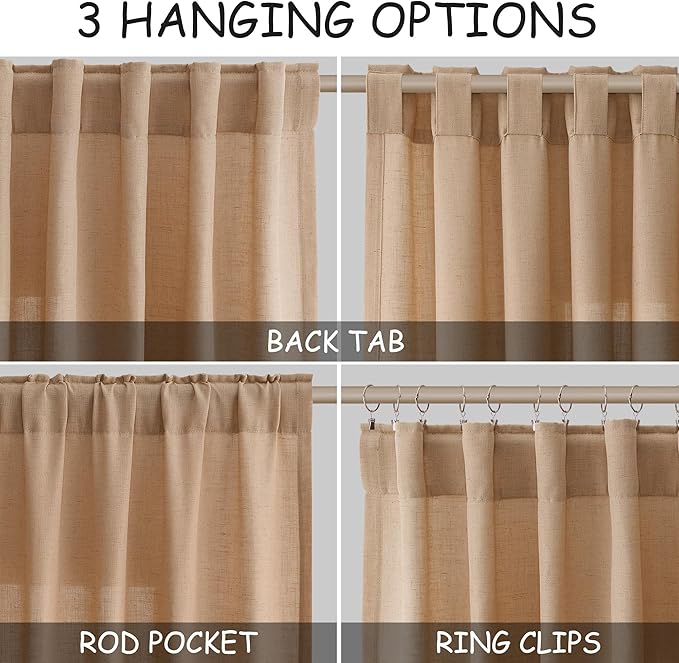 Camel Linen Semi Sheer Curtains 72 Inches Long 2 Panels Set - Image 2
