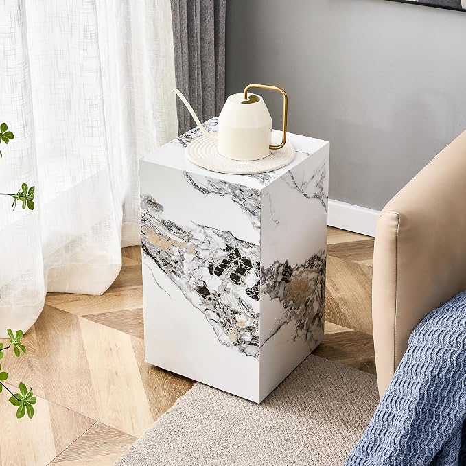 White Marble Rectangular End Coffee Table, Modern Elegant Bedside Nightstand by KTRolster