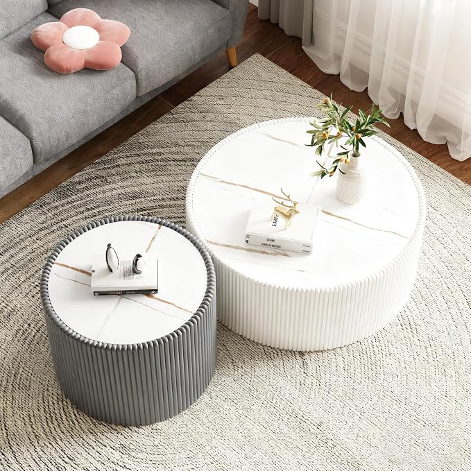 2-Piece Round Nesting Coffee Table Set, 29.52" Marble Coffee Table and End - Image 4