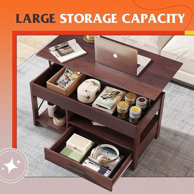 WLIVE Lift Top Coffee Table, Hidden Compartment, Wooden Lift Tabletop Center - Image 4