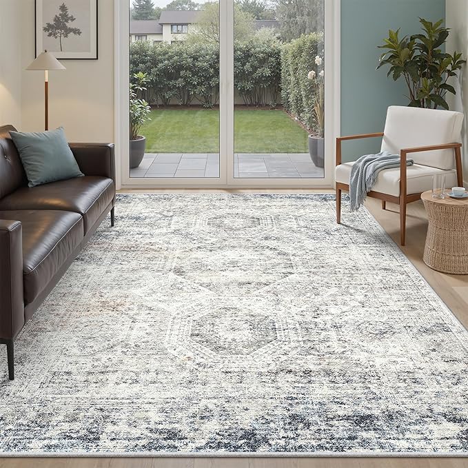 Soalmost 5x8 Area Rugs Blue/Ivory Low Pile Washable Trendy Faded Style Rug | - Image 2