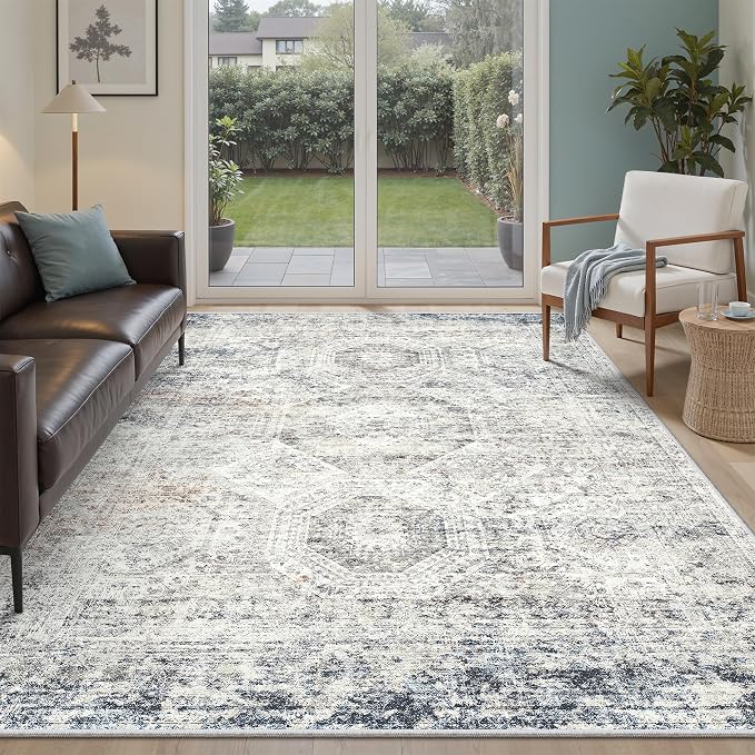 Soalmost 5x7 Area Rugs Blue/Ivory Low Pile Washable Trendy Faded Style Rug | by Soalmost