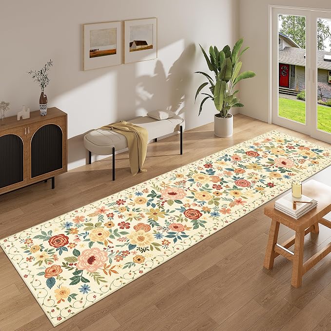 DUKINO 2.6x12 Kitchen Runner Rug, Floral Non Slip Washable Rug Beige Yellow | - Image 6
