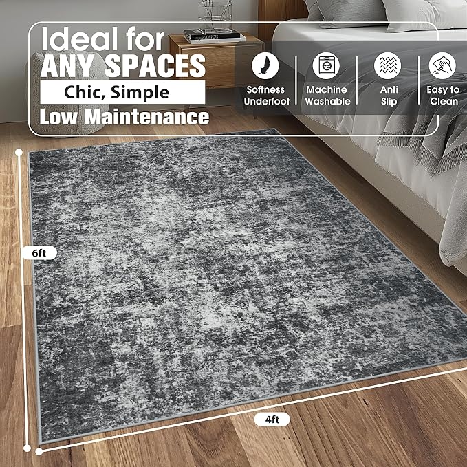 4x6 Area Rugs for Living Room Washable Bedroom Dining Room Black Grey | Modern - Image 2
