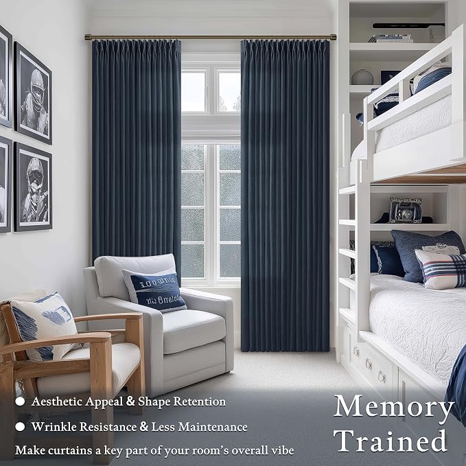 Pinch Pleat Linen Light Filtering Privacy Dark Navy Blue Curtains 50Wx105L | - Image 2