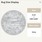 Soalmost Round Rugs 9ft Living Room Circle Area Rug 9x9 Grey Vintage | Washable - Image 3