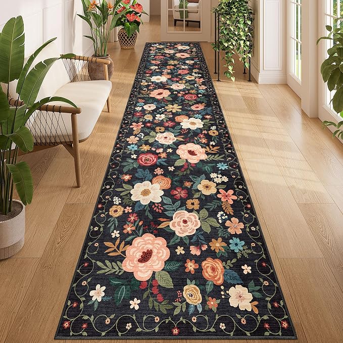 DUKINO 2.6x12 Kitchen Runner Rug, Floral Non Slip Long Washable Rug, Stain by DUKINO