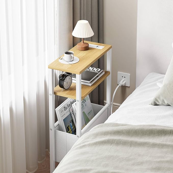 Narrow Side Table with Charging Station Slim End Table Sofa with Magazine Rack - Image 5