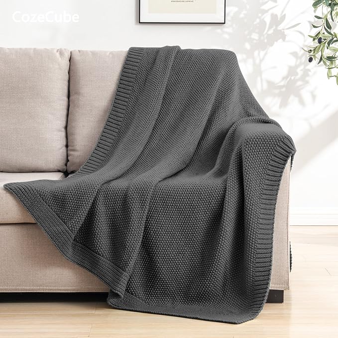 CozeCube Charcoal Grey Seed Stitch Throw Blanket 60"x80", Farmhouse Decor | - Image 4