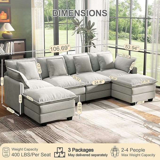 107" Cloud Couch Sectional, U Shaped Modular Sectional Sofa, 4-Seat Deep Seat - Image 2