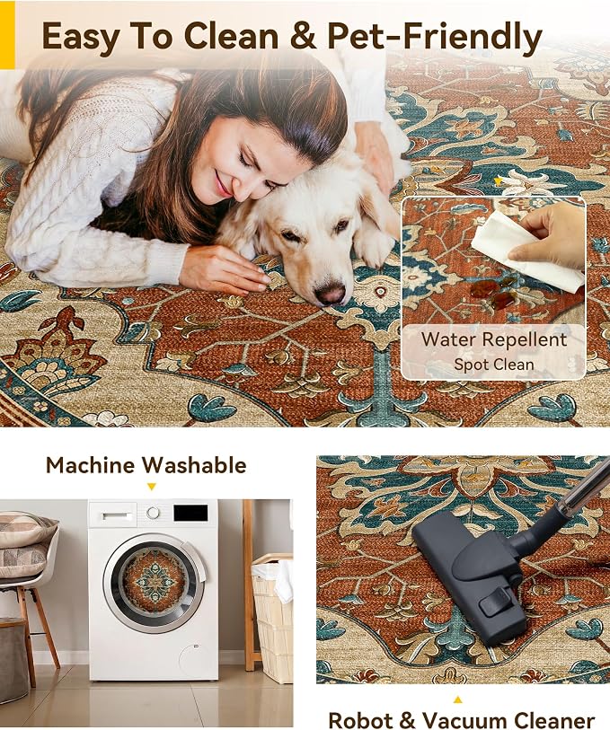RELEANY Washable Area Rug, Round 8ft, Water Repellent, Pet Friendly, Vintage - Image 5