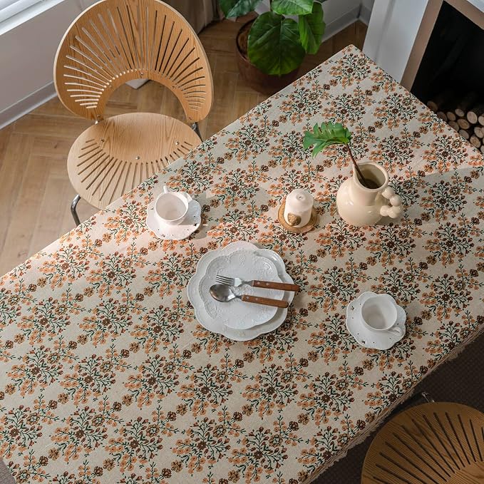 VClife Beige Floral Print Table Cloth, Linen Texture Tablecloth - Image 8