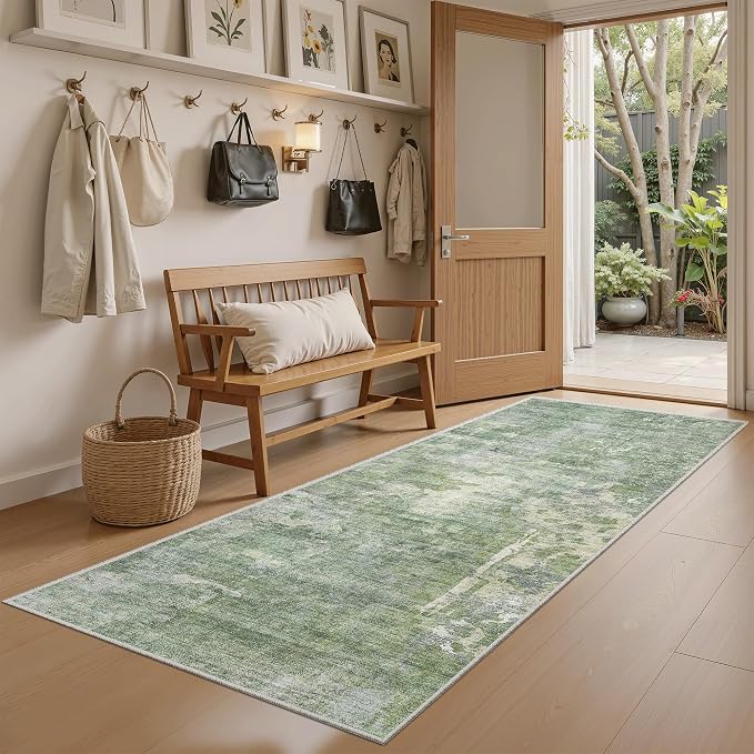 Soalmost Abstratc Runner Rug 2x6 Kitchen Hallway Runners Green/Ivory | Low-Pile - Image 2