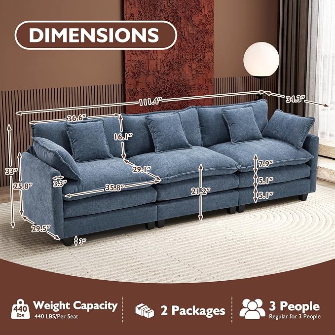 Ihanherry 111.4 Inch 3-Seater Cloud Sofa, Modular Sectional Couch, Modern Deep - Image 2