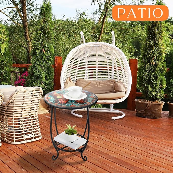 Cinnvoice Outdoor Side Table Round Small Mosaic Patio Accent Indoor End Plant - Image 5