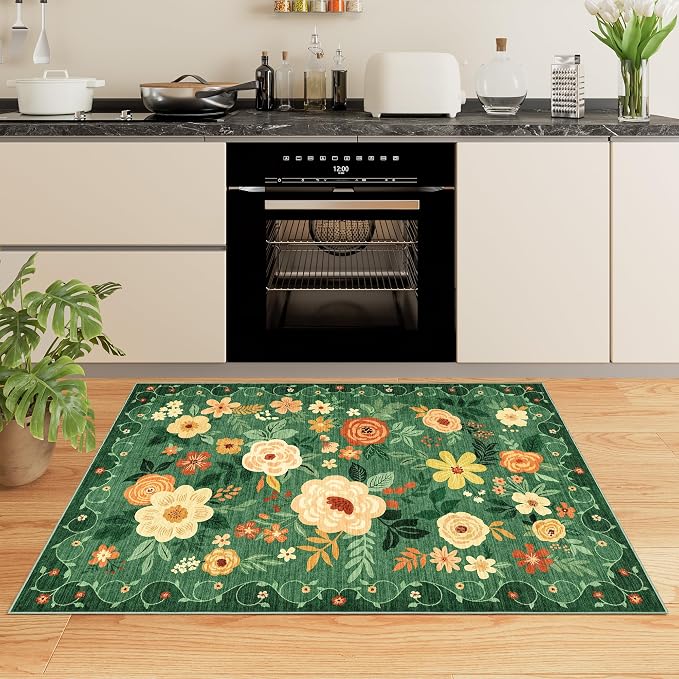 DUKINO 4x6 Area Rug, Floral Washable Office Chair Rug Non Slip, Dark Green | - Image 5