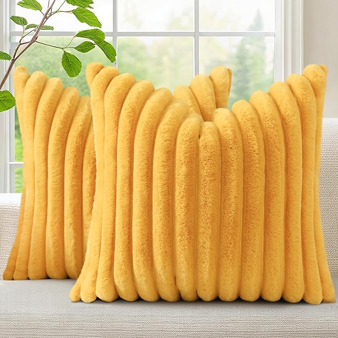 decorUhome Fall Faux Fur Throw Pillow Covers 22x22 Set of 2 Mustard Yellow | by decorUhome