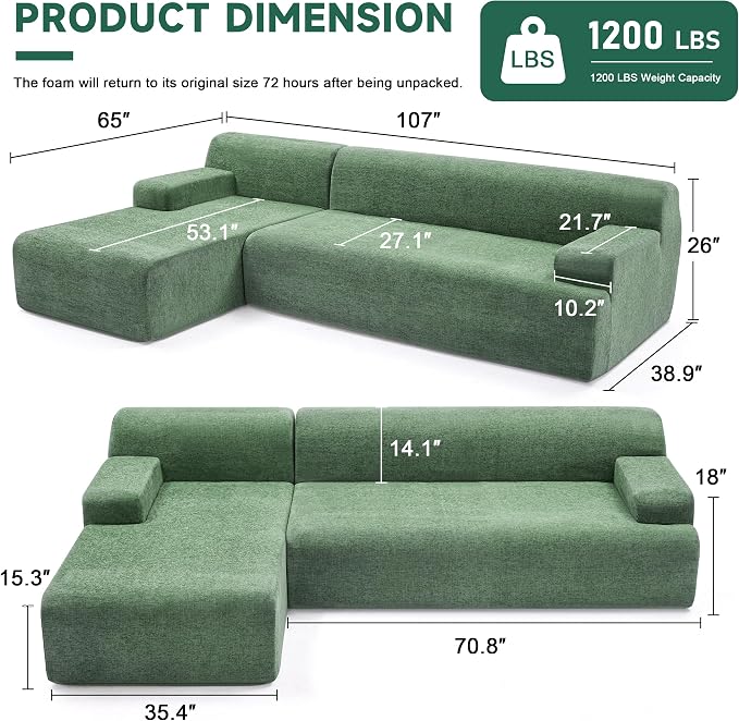 Weture 107" Modular Sectional Cloud Couch, Boneless couches Sponge sectionals - Image 2