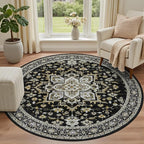 Round Area Rug for Living Room: 6ft Boho Washable Rug Black Gold | Vintage Boho - Image 2