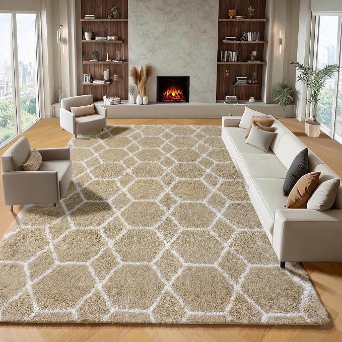 Area Rugs for Living Room, 7x10 Fluffy Beige and White Modern Bedroom Rug | - Image 2