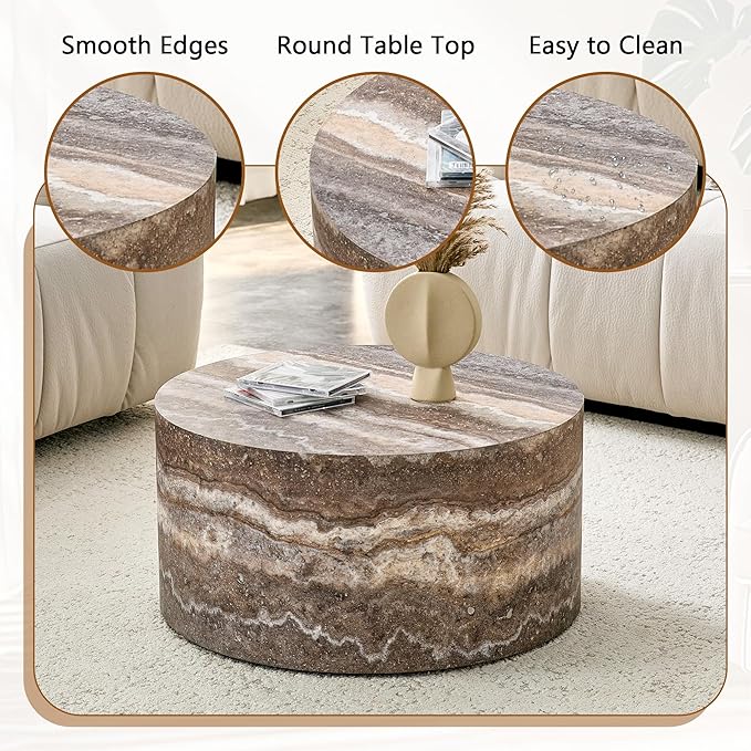 Round Coffee Table, 23.6" Modern Grey Faux Marble Drum Coffee Table, Round - Image 5