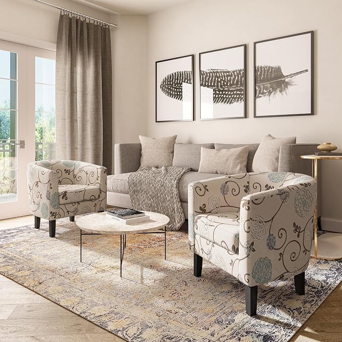 BELLEZE Living Room Chairs Set of 2, Linen Round Accent Barrel Chairs, Club Tub - Image 6
