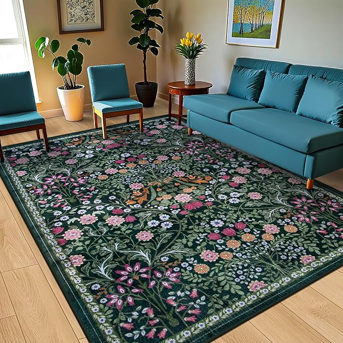 PLHXFR Area Rug 10x12 Living Room: Floral Washable Boho Carpet Dark Green | - Image 2