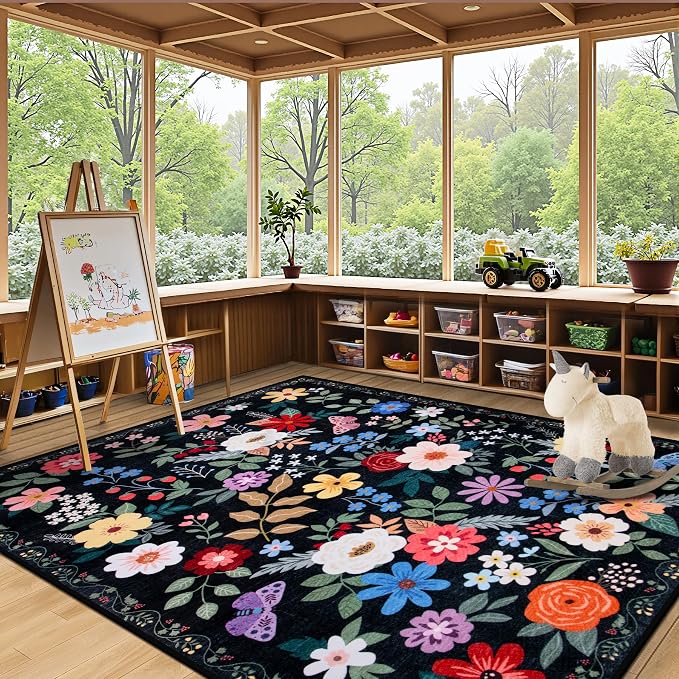 PLHXFR 6x9 Area Rug Living Room: Floral Washable Boho Soft Carpet Black | - Image 5
