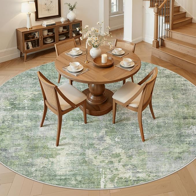 Soalmost Round Rugs 8ft Living Room Circle Area Rug 8x8 Green/Ivory Vintage | - Image 2