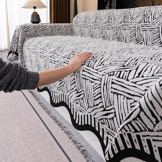 VClife Boho Couch Cover, Abstract White and Black Line Geometric Jacquard Couch by VCLIFE