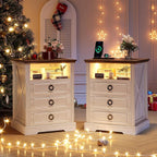 Nightstand Set 2 with Charging Station, Farmhouse End Side Table with 3 Drawers by TAGELIER