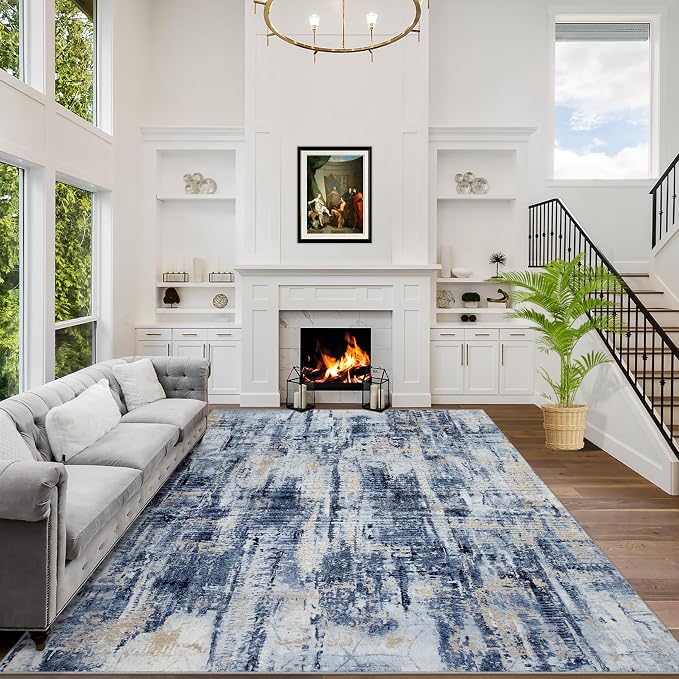 8x10 Area Rugs for Living Room: Washable Abstract Blue Gold Badroom Carpet | by GENTDRIZZ