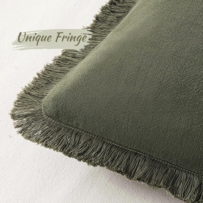 MIULEE Linen Fringe Decorative Euro Throw Pillow Covers Olive Green 24x24 | Set - Image 2