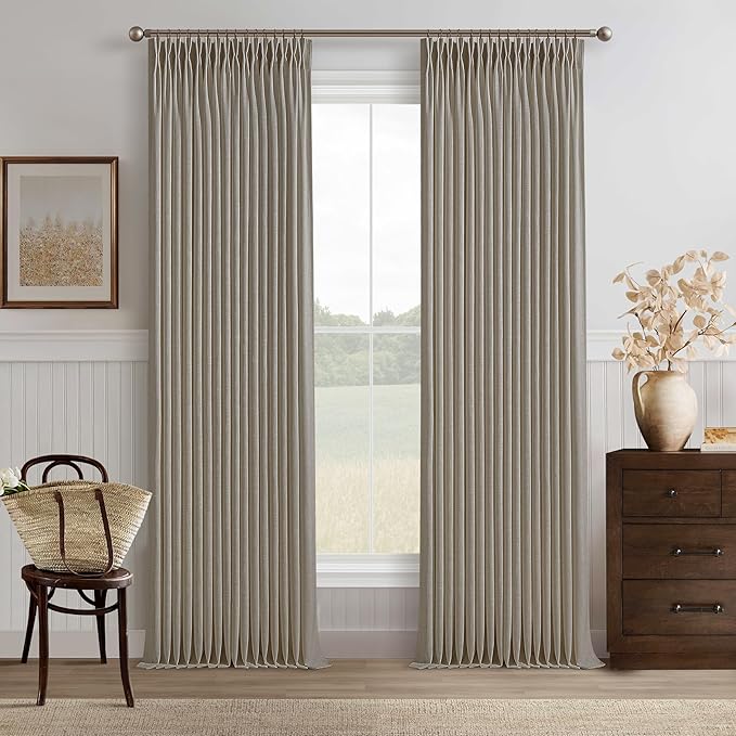 Taupe Brown Pinch Pleated Semi Sheer Linen Blend Drapes 112 Inches Long 50W | by Twodrapes