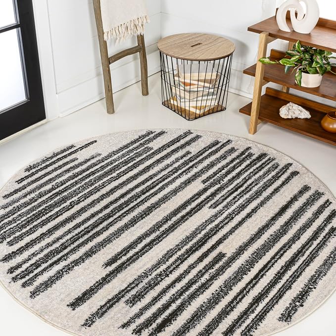 JONATHAN Y Khalil Modern Berber Stripe Cream/Black 8' Round Indoor Area Rug by JONATHANY