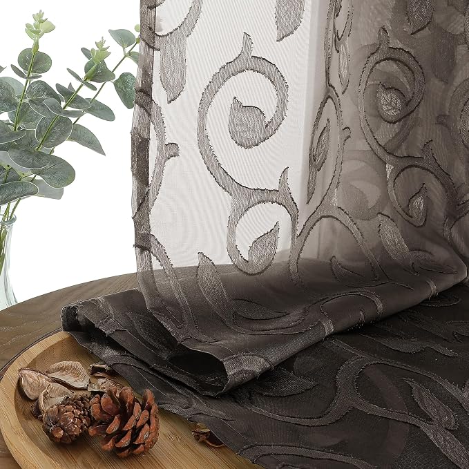 Furman Sheer Curtains Chocolate 24 Inch Length 2 Panels Set, Elegant Geometric - Image 5