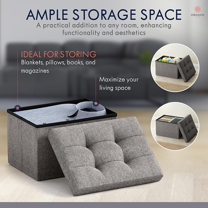 Ornavo Home Small Storage Ottoman, Foldable Collapsible Rectangle Linen Ottoman - Image 3