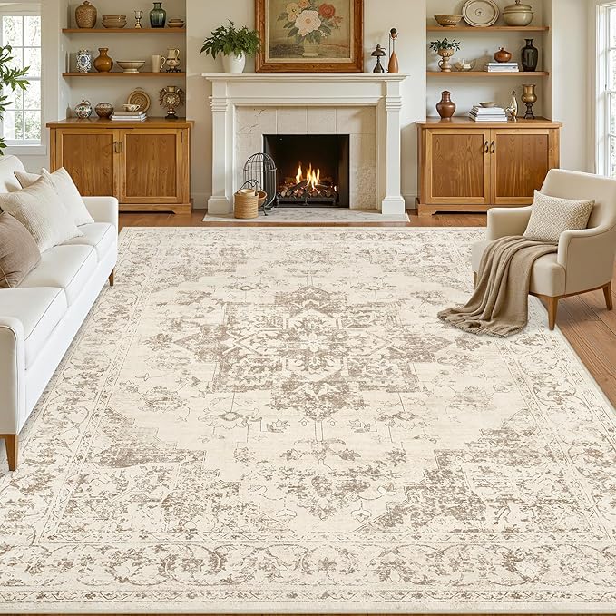 Area Rugs 9x12 Living Room: Bedroom Washable Carpet Beige/Ivory | Vintage Boho by Luxturiy