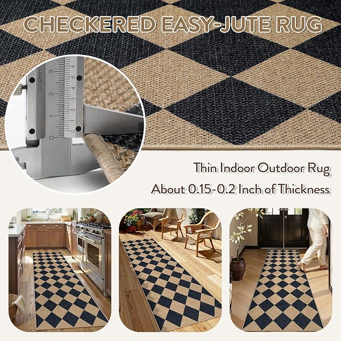 Lahome Checkered Easy Jute Non Slip Kitchen Runner, Checkerboard Indoor Outdoor - Image 4