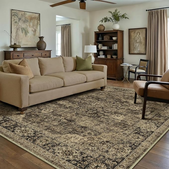 8x10 Brown Retro Floral Washable Area Rug by HUGEAR