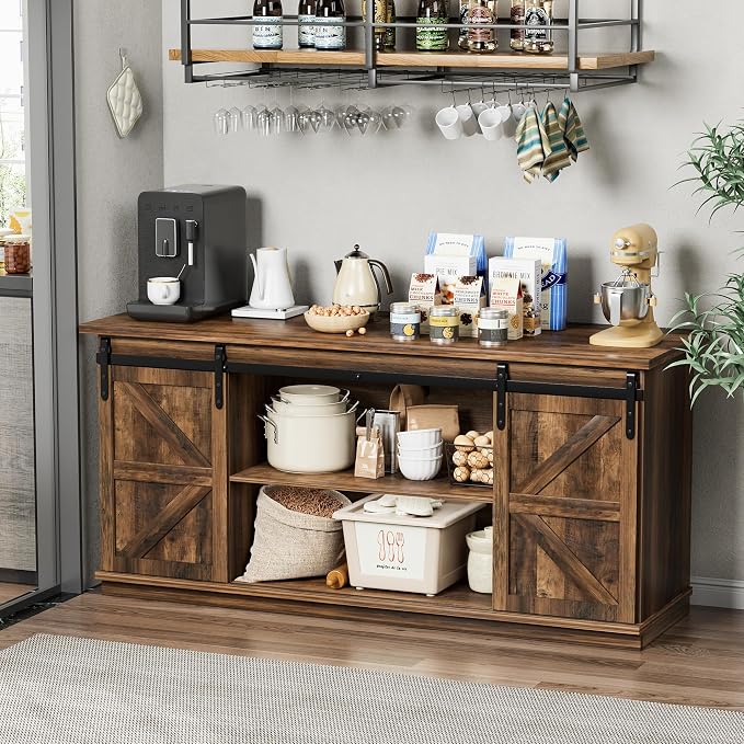 Shahoo Farmhouse Sideboard Buffet Cabinet, Coffee Bar Storage - Image 3