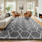 7x9 Area Rugs for Living Room Bedroom, Fluffy Grey and White Geometric Rug | by ONASAR