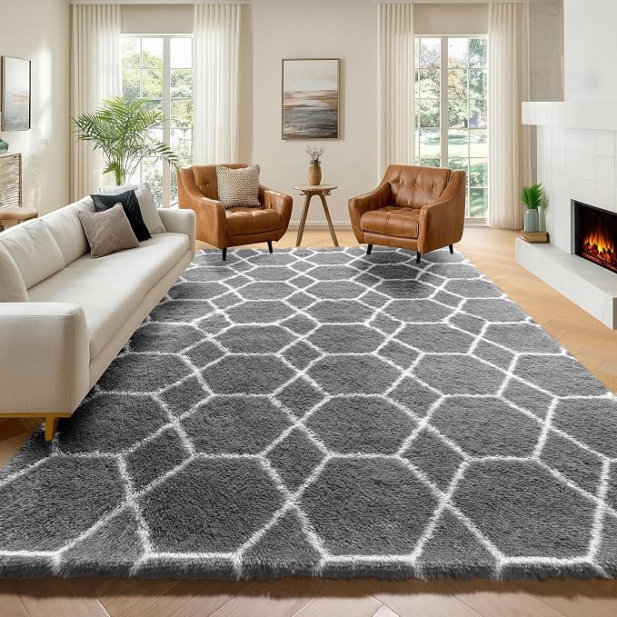 7x9 Area Rugs for Living Room Bedroom, Fluffy Grey and White Geometric Rug | by ONASAR