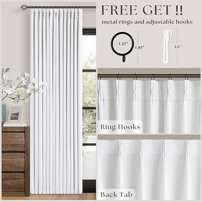 Snow White Pleated Linen 100% Blackout Curtains 105 Inches Long | Pinch Pleat - Image 5