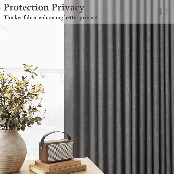 Pinch Pleat Flax Linen Semi Sheer Memory Shape Curtains Charcoal Grey 50x84 | - Image 6