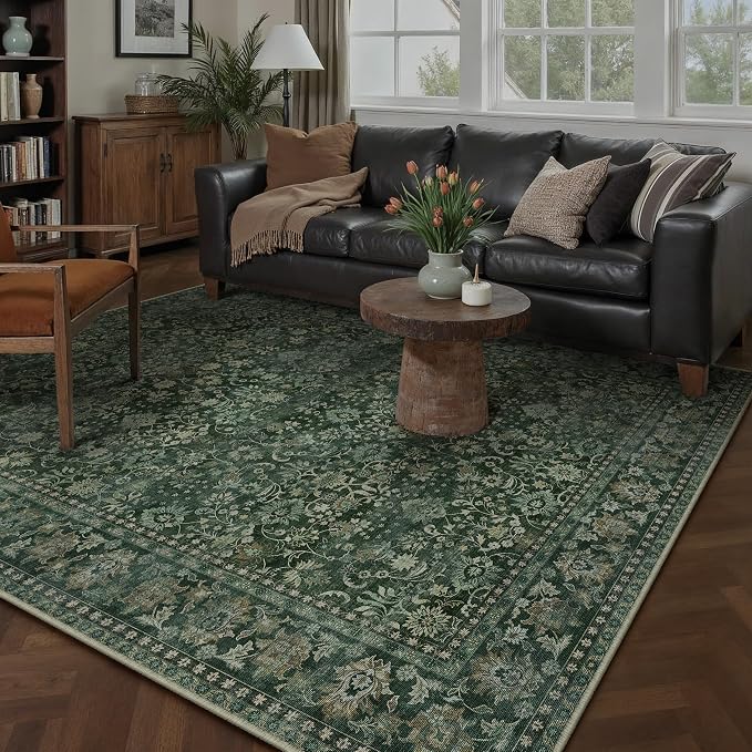 5x7 Dark Green Vintage Floral Washable Area Rug by HUGEAR