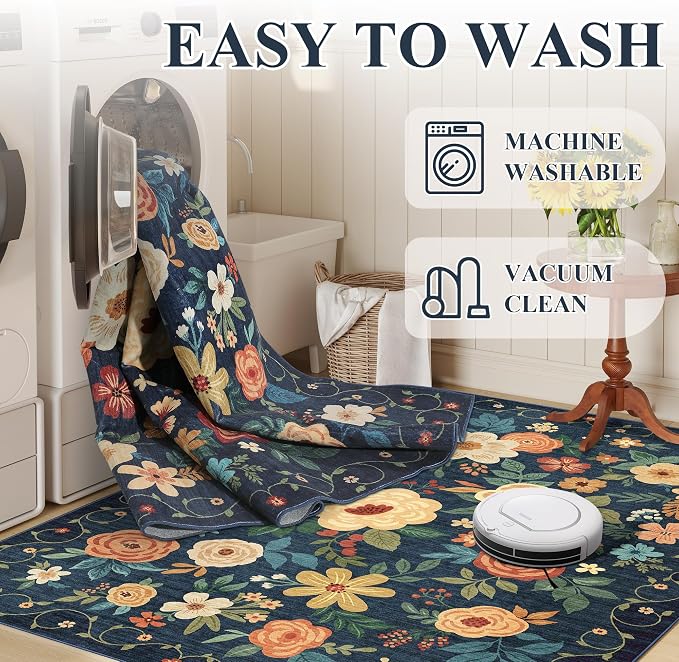 DUKINO 2.6x14 Washable Runner Rug, Floral Non Slip Runner Rug, Low Pile - Image 5