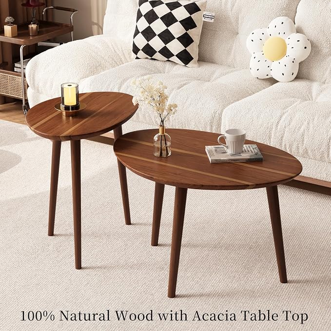 Small Oval Coffee Tables Set, Acacia Wood Nesting Tables（25.6"x17.7"+17.7"x13.4" - Image 3