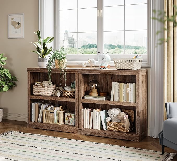 LINSY HOME 2-Tier Bookcase and Bookshelf, Small Wood Display Storage Shelves - Image 2